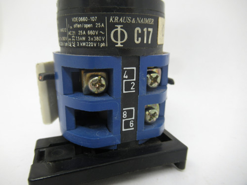 Kraus & Naimer C17-C17440 Disconnect Switch w/Base 20A 600VAC 10HP 3Ph USED