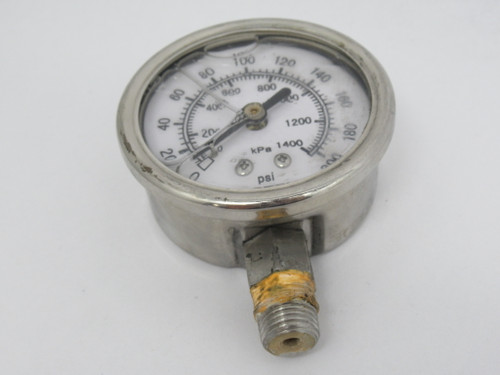 Marsh J7654P Liquid Filled Pressure Gauge 0-200 psi 0-1400kPa 1/4 NPT USED