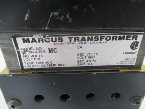 Marcus MC50P Control Transformer 50VA Pri. 600V Sec.12/24V 60Hz 1Ph USED