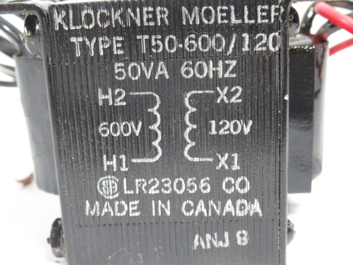 Klockner-Moeller T50-600/120 Transformer 50VA Pri.600V Sec.120V 60Hz USED