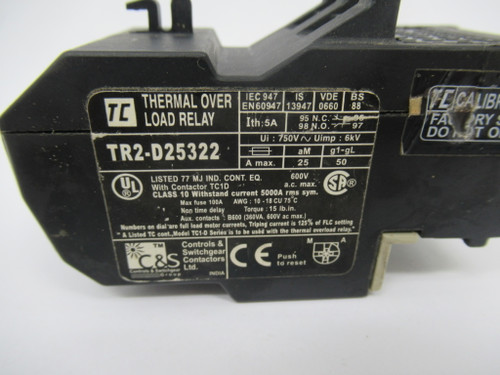Controls & Switchgear TR2-D25322 Thermal Overload Relay 17-25A USED