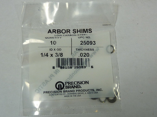 Precision Brand 25093 Arbor Shims 1/4 x 3/8 x .020 Pack of 10 ! NEW !