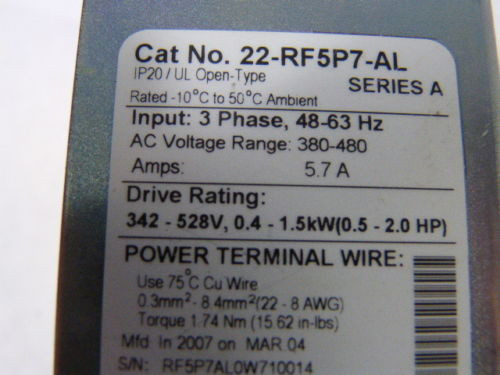Allen-Bradley 22-RF5P7-AL PowerFlex4 Line Filter 3Ph 5.7A 380-480VAC USED