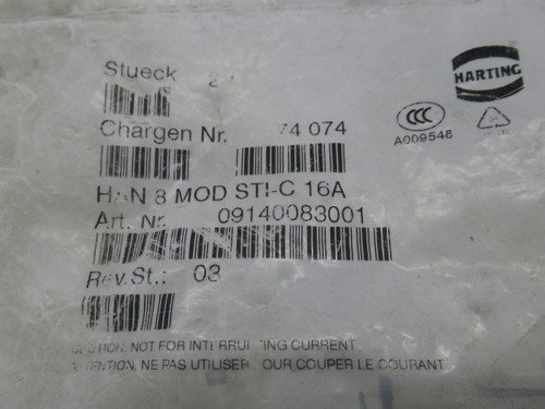 Harting 09140083001 Han EE Module Crimp Male 16A Lot of 2 *SEALED* NWB