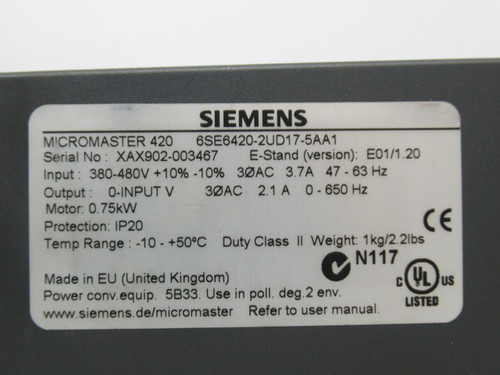 Siemens 6SE6420-2UD17-5AA1 Micromaster 420 AC Drive 0.75kW 380-480V USED