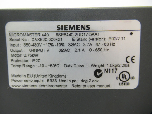 Siemens 6SE6440-2UD17-5AA1 Micromaster 440 AC Drive 0.75kW 380-480V USED