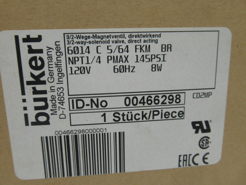 Burkert 00466298 Solenoid Valve 145 Psi 120V 60Hz 8W 1/4" NPT NEW