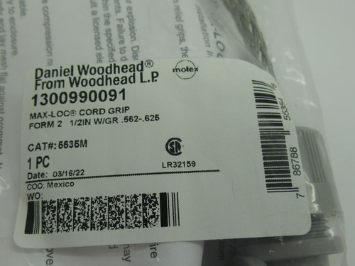 Woodhead 5535M Max-Loc Strain Relief Cord Sealing Grip 1/2"-F2 NWB