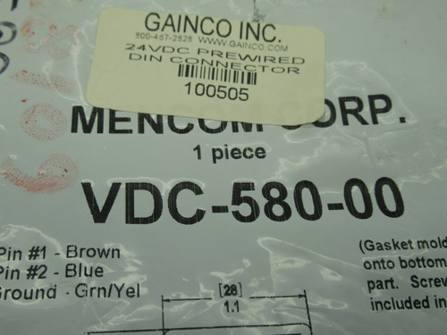 Mencom Corp VDC-580-00 Solenoid Valve Connector 10A Max 10-50VDC NWB