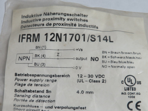 Baumer IFRM12N1701/S14L Proximity Switch NPN NO 12-30VDC 10mA 4mm Distance NWB