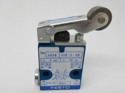 Festo 4938 V/O-3-1/8 Stem Actuated Valve w/Roller Lever 0-8 bar 0-116 psi NOP