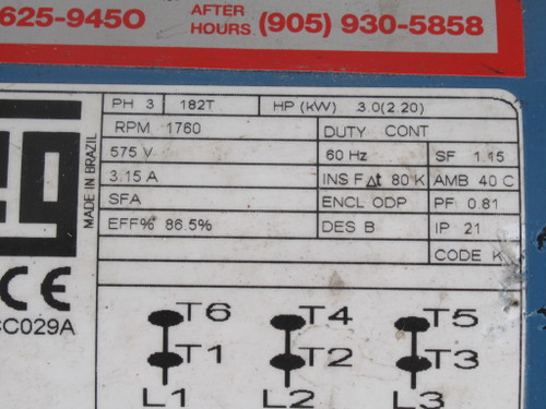 Weg 3HP 1760RPM 575V 182T ODP 3ph 3.15A 60Hz USED