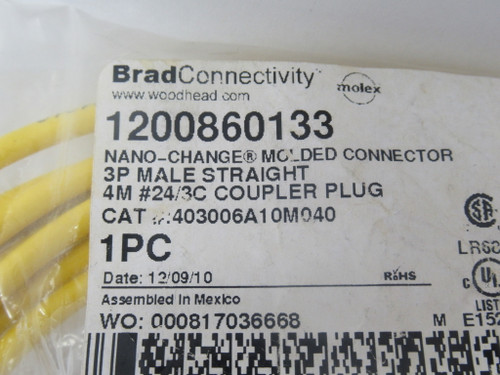 Brad Harrison 1200860133 Male Straight Cordset 3P 4A 600VAC 75VDC 4m NWB