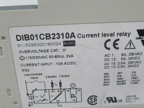 Carlo Gavazzi DIB01CB2310A Current Level Relay 115/230VAC 50-60Hz 3VA NOP