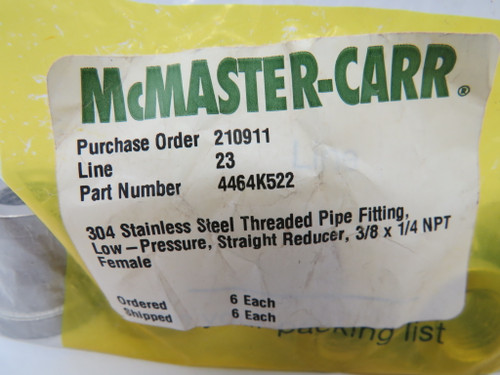 McMaster-Carr 4464K522 SS Threaded Pipe Reducer Fitting 3/8 x 1/4 NPT 6-Pk NWB