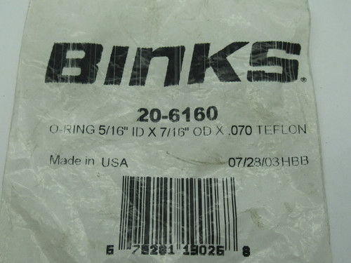 Binks 20-6160 O-Ring 5/16" ID x 7/16" OD x 0.70 Teflon NWB