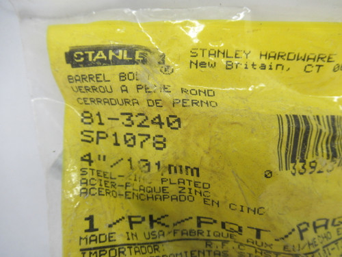 Stanley 81-3240 SP1078 Zinc Plated 4"/101mm Barrel Bolt Sliding Door Lock NWB