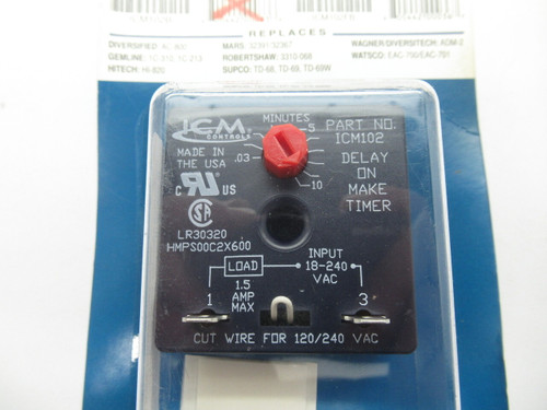 ICM Controls ICM102 Delay On Make Timer 0.03-10 Min 18-240VAC 1.5A 50/60Hz NEW