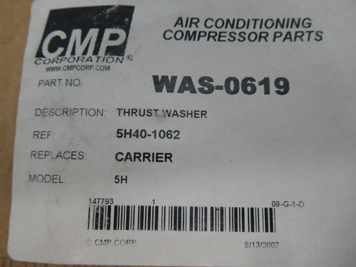 CMP Corporation WAS-0619 Thrust Washer Ref 5H40-1062 Model 5H NEW