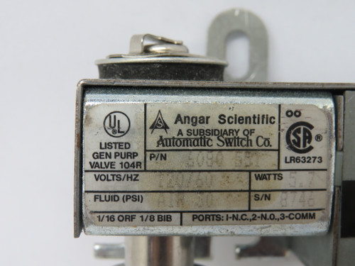 Angar Scientific 6080-551 Solenoid Air Valve 120V 60Hz 5.7W 30 psi USED