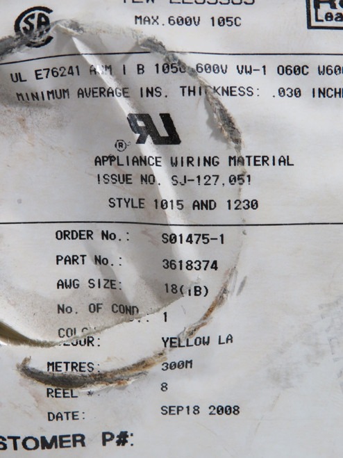 Generic 3618374 Wire Spool 600V .030" Thick YELLOW NEW