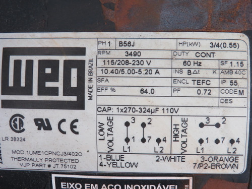 Monarch A0024 C/W WEG 3/4HP 3490RPM 115/208-230V TEFC 1PH  RUST USED