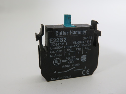 Cutler-Hammer E22B2 Ser. A1 Contact Block 1NO 10A 690V 120/240/440V 6/4/2A USED