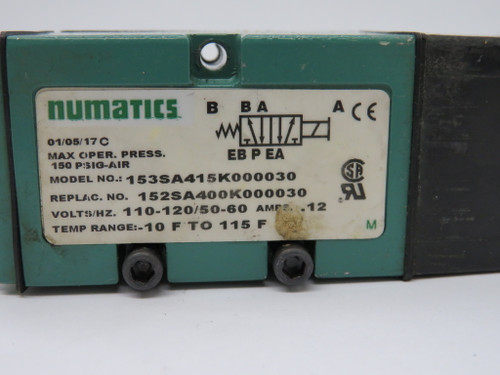 Numatics 153SA415K000030 Solenoid Valve W/ Mounting Screws 110/120V 50/60HZ USED