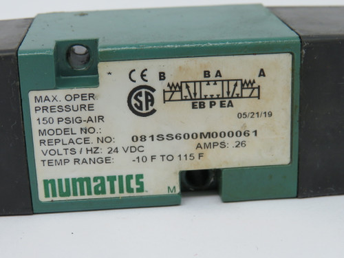 Numatics 081SS600M000061 Solenoid Valve 24VDC .26Amps Missing Screws USED