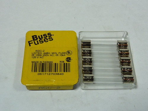 Bussmann AGC-2 Fast Acting Fuse 2A 250V 5-Pack ! NEW !