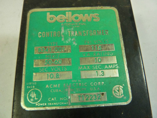 Bellows B341-001 Transformer 10VA Pri 115V Sec 10.8V 60Hz USED