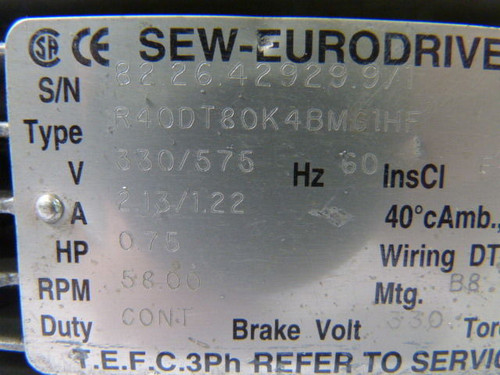 Sew-Eurodrive 0.75HP 58.00RPM 330/575V TEFC 3Ph C/W Reducer & Brake USED