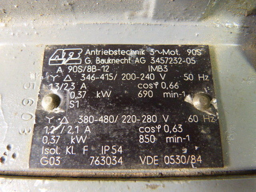 Antriebstechnik 0.37kW 850RPM 380-480/220-280V 90S TEFC 3Ph 1.2/2.1A USED