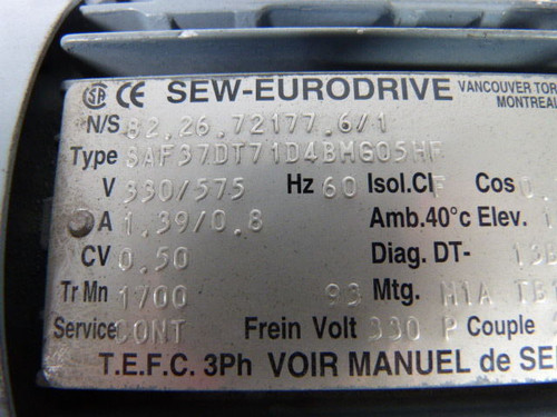 Sew-Eurodrive 0.50HP 1700RPM 330/575V TEFC 3Ph C/W Reducer 18.24:1 USED