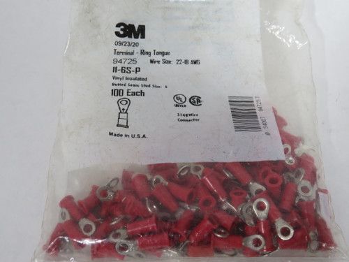3M 11-6S-P 94725 Ring Tongue Red Terminal 22-18 AWG 100-Pk *SEALED* NWB