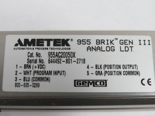 Ametek 955AC20050X Linear Displacement Transducer 20-4mA 5" Stroke NO SLIDE USED