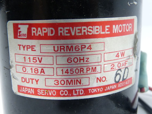 Japan Servo Co. URM6P4 Rapid Reversible Motor 115V 60Hz 4W 0.18A 1450RPM USED