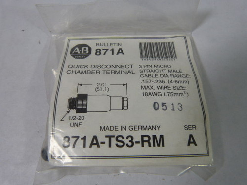 Allen-Bradley 871A-TS3-RM Quick Disconnect Straight Male Range .157-.236 NWB