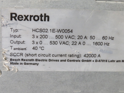 Rexroth HCS02.1E-W0054-A-03-NNNN IndraDrive Compact Converter *No Power* AS IS