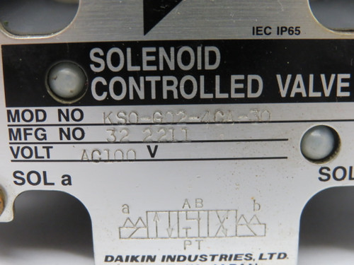 Daikin KSO-G02-4CA-30 Directional Control Valve 100/100-110VAC 50/60Hz NOP