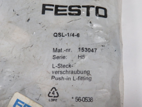 Festo 153047 QSL-1/4-6 Push-In L-Fitting 1/4" R Thread 6mm Tube 10-Pack NWB