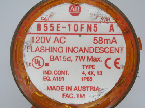 Allen-Bradley 855E-10FN5 Orange Flashing Incandescent Stack Light NO BULB USED