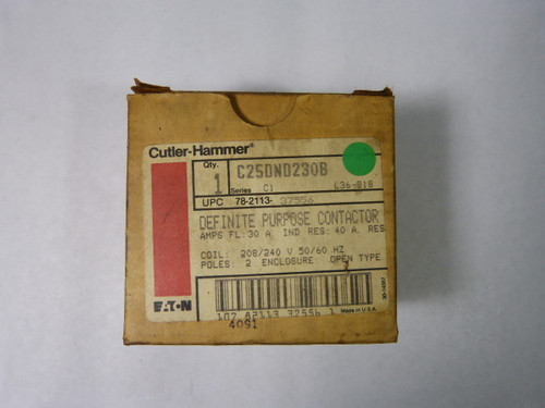 Eaton Cutler-Hammer C25DND230B Contactor 208/240V 50/60Hz 30A 2P NEW