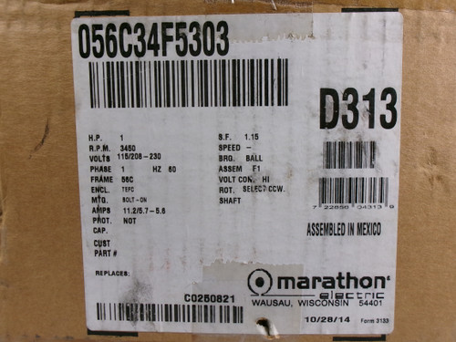 Marathon 1HP 3450RPM 115/208-230V 56C TEFC 1Ph 11.2/5.7-5.6A 60Hz C/W Key NEW