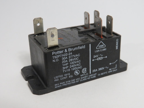 Potter & Brumfield T92P7A22-24 Relay 24V 30A 6-Blade 6-1393211-0 USED