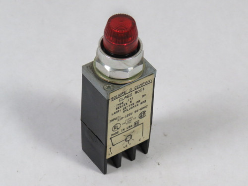 Square D 9001-JT1R29 Ser B Pilot Light Push-To-Test 110-120V 50/60Hz Red USED