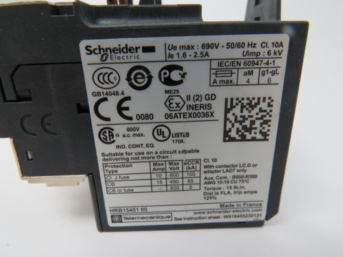 Schneider Electric/Telemecanique LRD-07 Bimetallic Overload Relay 2.5A 600V USED