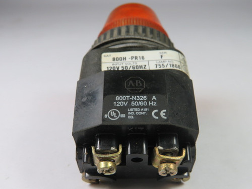 Allen-Bradley 800H-PR16A Pilot Light 120VAC 50/60Hz Amber Lens USED