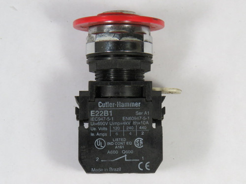 Cutler-Hammer E22GD2N8X11B Push-Pull 22mm 1NC 120V Red EMERGENCY STOP USED