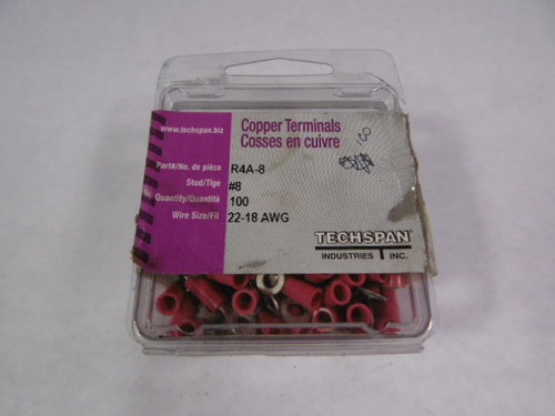 Techspan R4A8 PVC Terminal Ring 22-18AWG 600V 5/16"Length 100-Pk NEW
